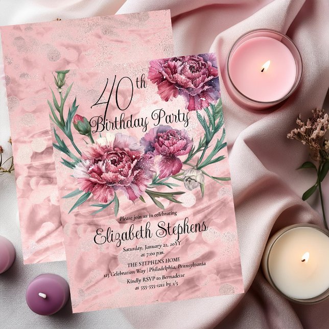 Elegant Pink Carnations 40th Birthday Party  Invitation (Elegant Pink and Mauve Carnations 40th Birthday Party Invitation)