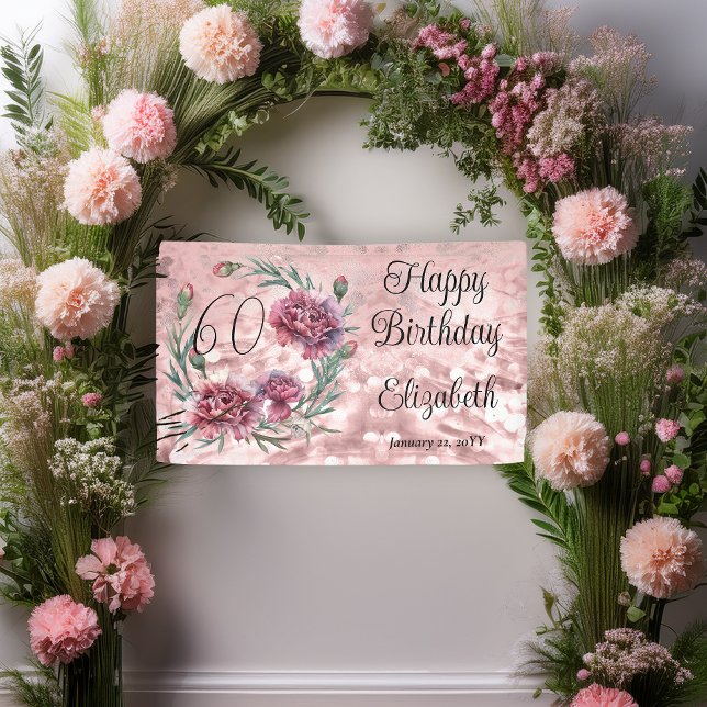 Elegant Pink Carnations 60th Birthday Party  Banner (Elegant Pink and Mauve Carnations 60th Birthday Party 3 ft x 5 ft Banner)
