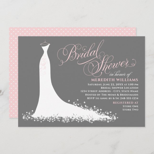 Elegant Pink Charcoal Wedding Gown Bridal Shower Invitation (Front/Back)