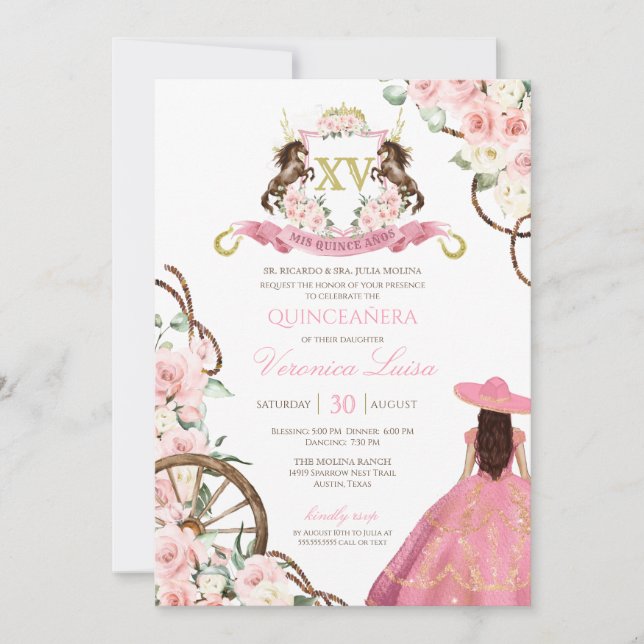 Elegant Pink Charro Quinceanera Floral  Invitation (Front)
