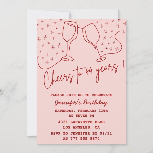 Elegant Pink Cheers Champagne 44th birthday Invitation (Front)