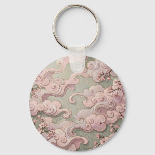 Elegant Pink Cherry Blossom Art Nouveau Swirls Key Ring