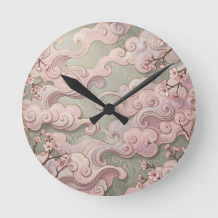 Elegant Pink Cherry Blossom Art Nouveau Swirls Round Clock