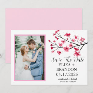 Elegant Pink Cherry Blossom Floral Photo Save The Date