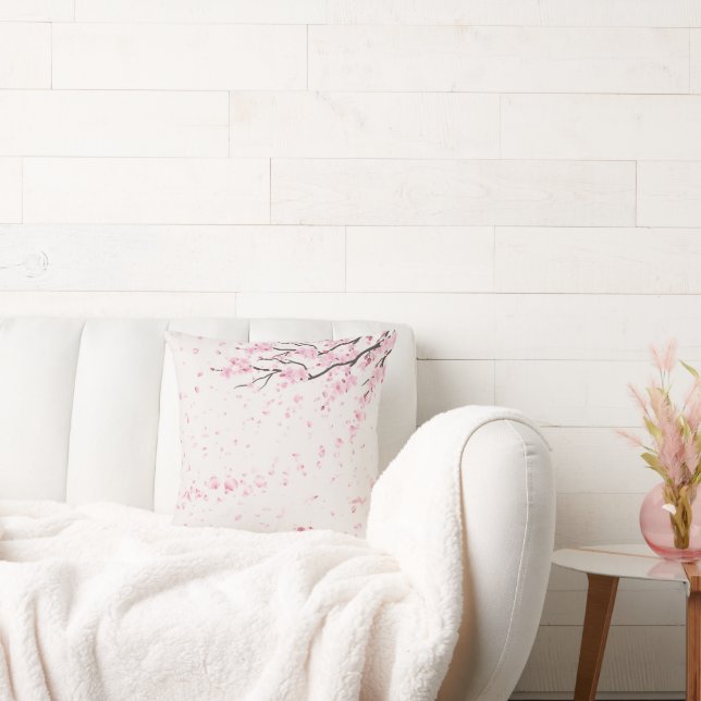 Elegant Pink Cherry Blossom Floral Throw Pillow (Couch)