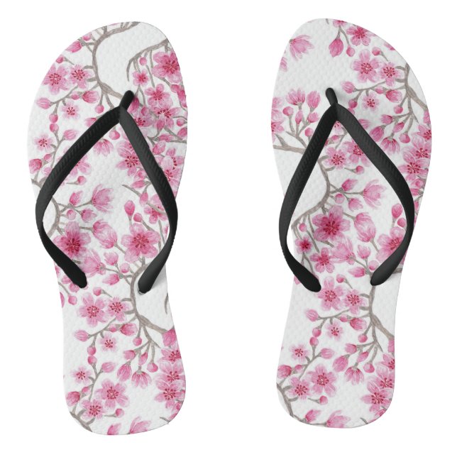 Elegant Pink Cherry Blossom Floral Watercolor Jandals (Footbed)