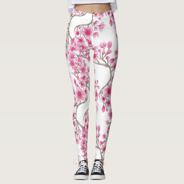 Elegant Pink Cherry Blossom Floral Watercolor Leggings (Front)