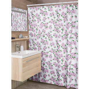Elegant pink cherry blossom floral watercolor shower curtain