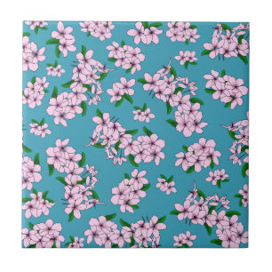 Elegant pink cherry blossom floral watercolor tile