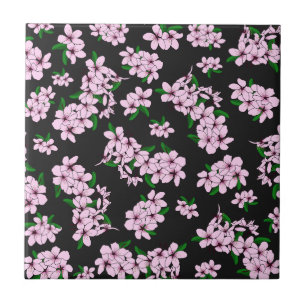 Elegant pink cherry blossom floral watercolor tile