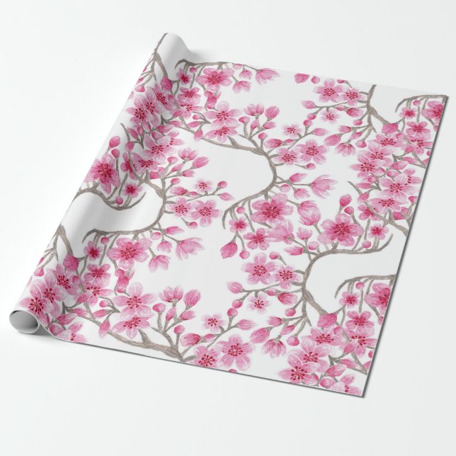 Elegant Pink Cherry Blossom Floral Watercolor Wrapping Paper (Unrolled)