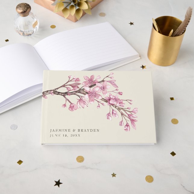 Elegant Pink Cherry Blossom Floral Wedding Guest Book (Front Open)