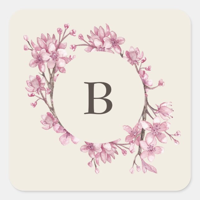 Elegant Pink Cherry Blossom Monogram Wedding Square Sticker (Front)