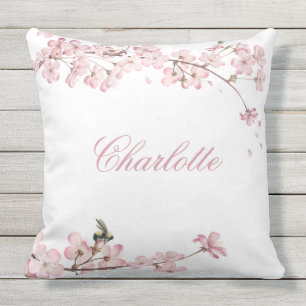Elegant Pink Cherry Blossom Name Template Cushion