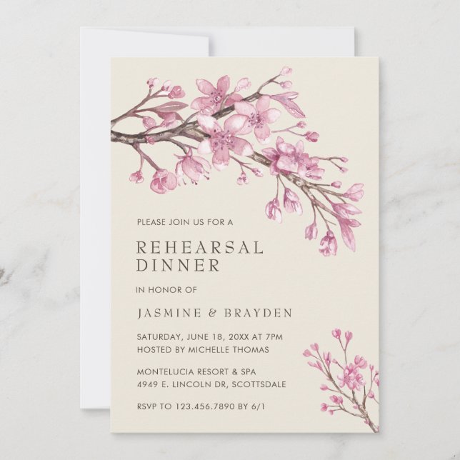 Elegant Pink Cherry Blossom Rehearsal Dinner Invitation (Front)