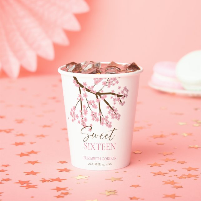 Elegant Pink Cherry Blossom Sweet Sixteen Paper Cups (Insitu)