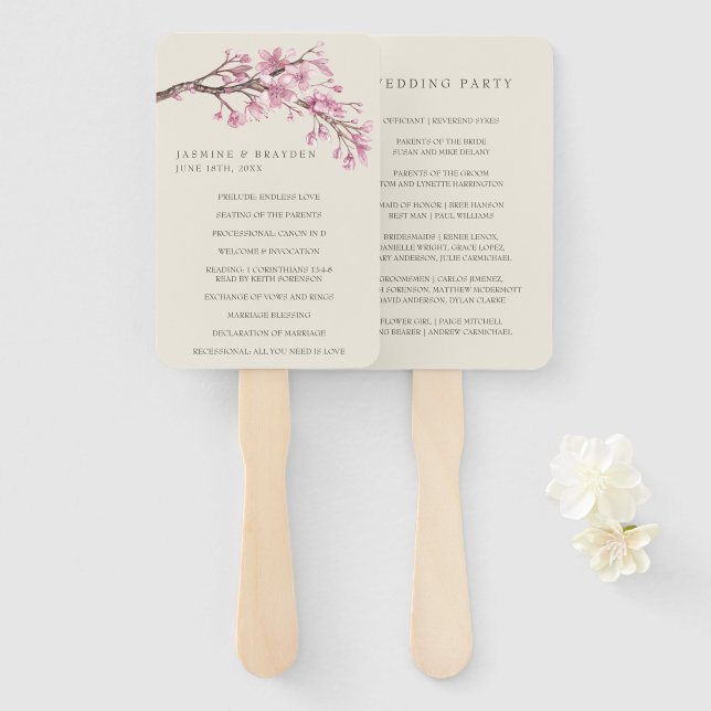Elegant Pink Cherry Blossom Wedding Program Hand Fan (Front and Back)