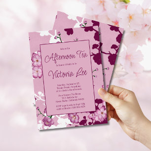 Elegant Pink Cherry Blossoms Afternoon Tea Invitation