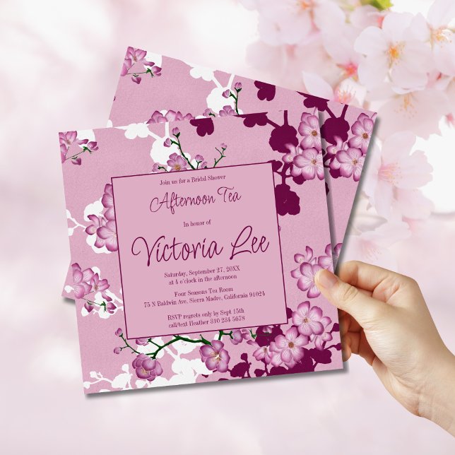 Elegant Pink Cherry Blossoms Afternoon Tea Square Invitation (Creator Uploaded)