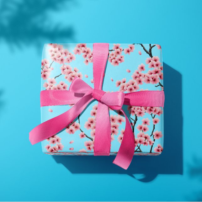Elegant Pink Cherry Blossoms on Sky Blue Christmas Wrapping Paper (https://www.zazzle.com/elegant_pink_cherry_blossoms_sky_blue_christmas_wrapping_paper-25631112074814)