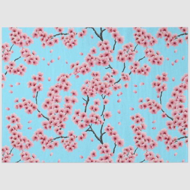 Elegant Pink Cherry Blossoms Sky Blue Christmas Tissue Paper (Front)