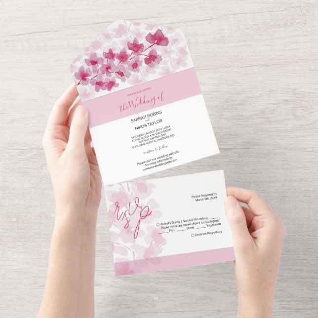 Elegant Pink Cherry Blossoms Watercolor All In One Invitation (Tearaway)
