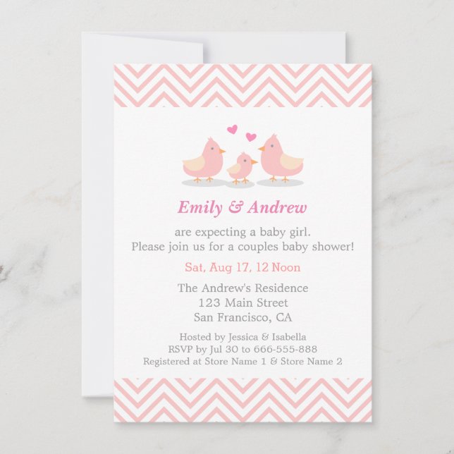 Elegant Pink Chevron Cute Bird Baby Shower Invitation (Front)