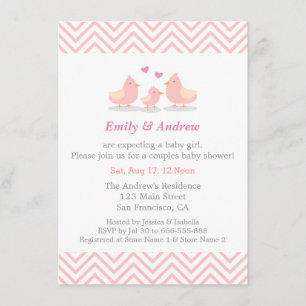 Elegant Pink Chevron Cute Bird Baby Shower Invitation