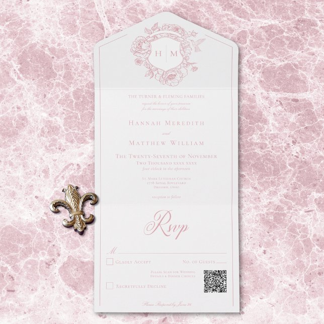 Elegant Pink Chinoiserie Bird Crest Wedding QR All In One Invitation (Elegant Pink Chinoiserie Bird Crest Wedding QR All All In One Invitation)