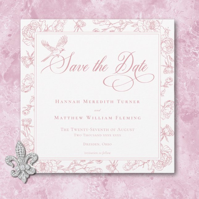 Elegant Pink Chinoiserie Bird & Crest Wedding Save The Date (Elegant Pink Chinoiserie Bird & Crest Wedding Save The Date)