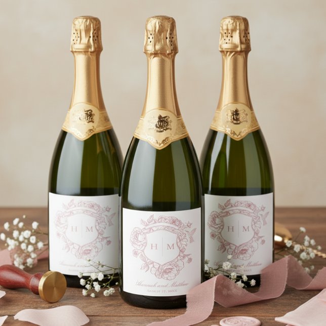 Elegant Pink Chinoiserie Bird Crest Wedding Sparkling Wine Label (Creator Uploaded)