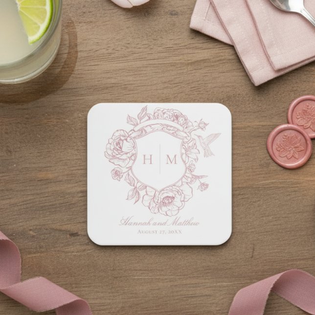 Elegant Pink Chinoiserie Bird Crest Wedding Square Paper Coaster (Creator Uploaded)