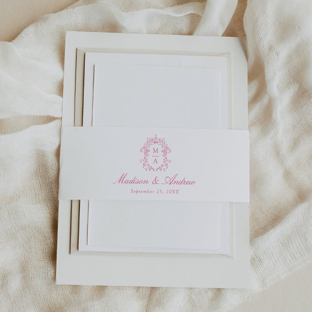 Elegant Pink Chinoiserie Crest Monogram Wedding Invitation Belly Band (Creator Uploaded)