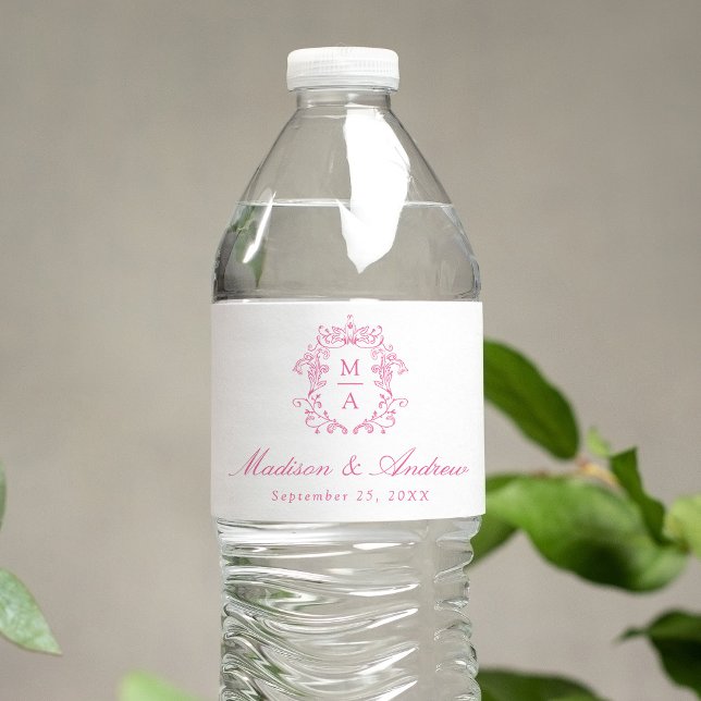 Elegant Pink Chinoiserie Crest Monogram Wedding Water Bottle Label (Creator Uploaded)
