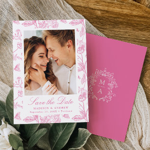 Elegant Pink Chinoiserie Floral Photo Wedding Save The Date
