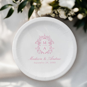Elegant Pink Chinoiserie Monogram Crest Wedding Paper Plate