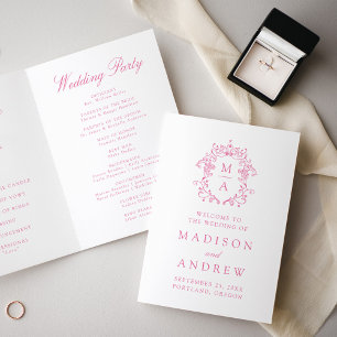 Elegant Pink Chinoiserie Monogram Crest Wedding Programme