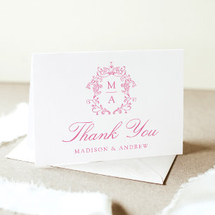 Elegant Pink Chinoiserie Monogram Crest Wedding Thank You Card