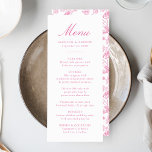 Elegant Pink Chinoiserie Victorian Floral Wedding Menu<br><div class="desc">Create a stunning dining experience with our Elegant Pink Chinoiserie Floral wedding menu. Featuring elegant pink calligraphy on a crisp white background, this customisable menu allows couples to add their names, wedding date, and personalised menu offerings. The back showcases a beautiful pink and white Chinoiserie floral pattern, adding a timeless...</div>