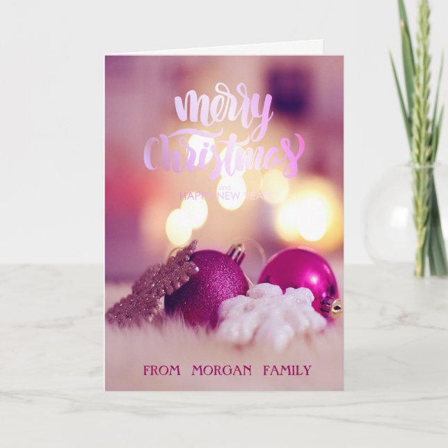 Elegant Pink Christmas Balls Holiday Card (Front)