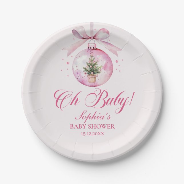 Elegant Pink Christmas Ornament Baby Shower Paper Plate (Front)