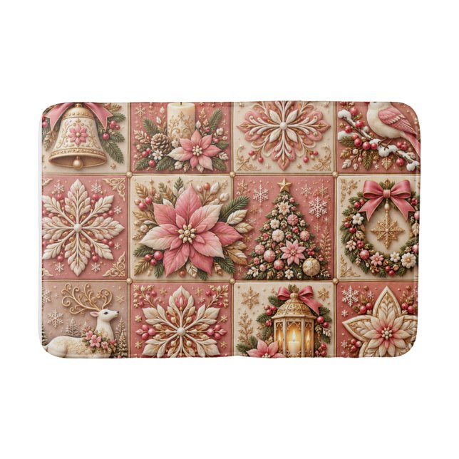 Elegant Pink Christmas Patchwork Blanket Bath Mat (Front)