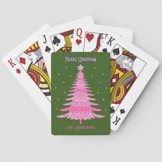 Elegant Pink Christmas Tree Custom Name Green Playing Cards (Back)