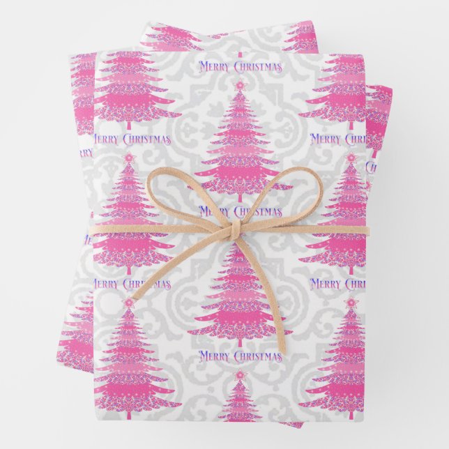 Elegant Pink Christmas Tree Gift Wrapping Paper Sheet (In situ)