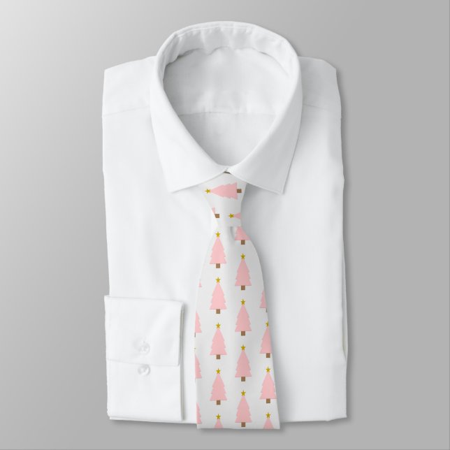 Elegant Pink Christmas Tree & Golden Star Pattern Tie (Tied)