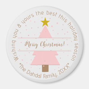 Elegant Pink Christmas Tree & Golden Star Snowy Magnet