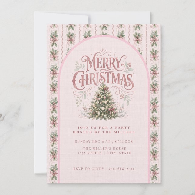 Elegant Pink Christmas Tree  Invitation (Front)