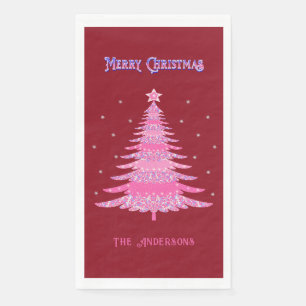 Elegant Pink Christmas Tree Name Custom Red Napkin