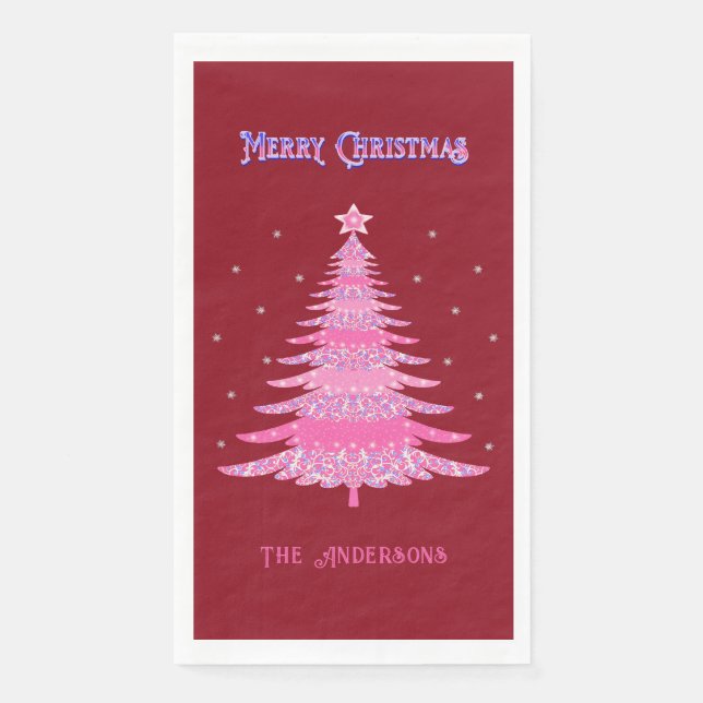 Elegant Pink Christmas Tree Name Custom Red Napkin (Front)