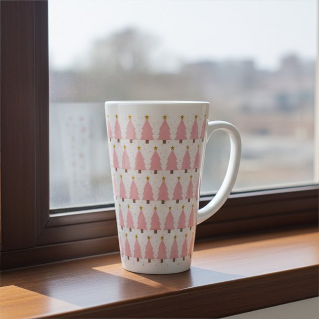 Elegant Pink Christmas Trees Lines, Golden Stars Latte Mug (Creator Uploaded)